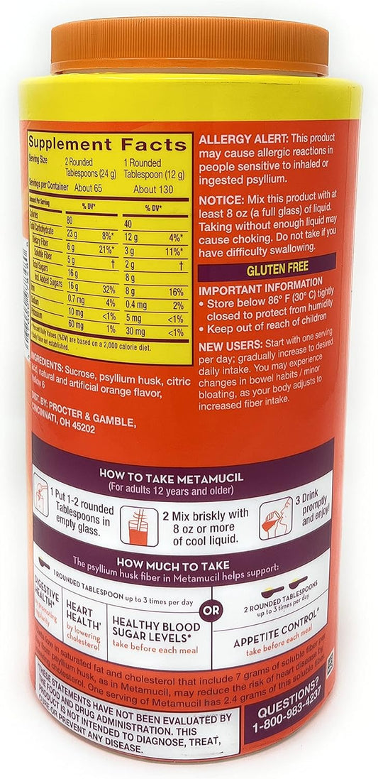 Metamucil Fiber 4-in-1 Psyllium Fiber Supplement Powder with Real Sugar, Orange (55 oz)