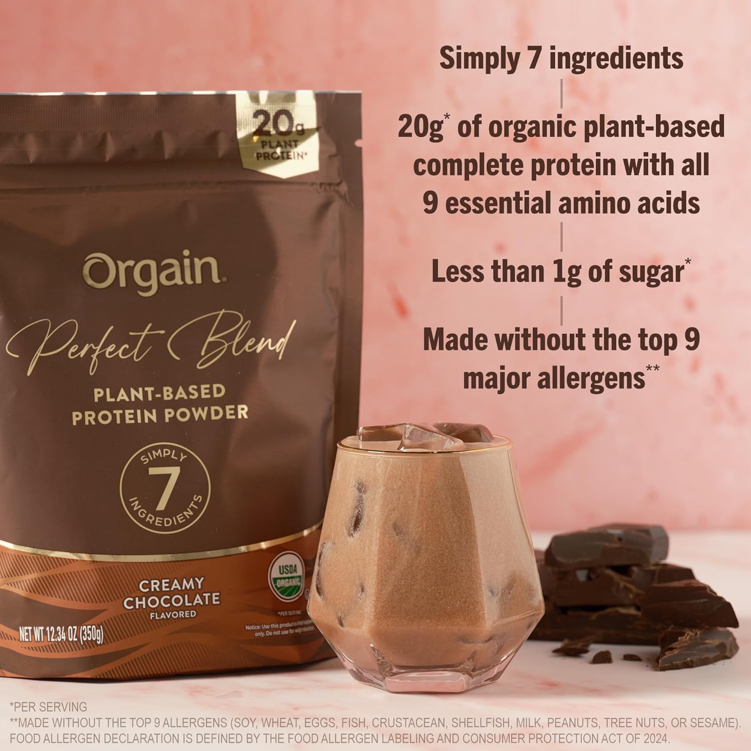 Orgain Organic Vegan Perfect Blend Protein Powder, 20G Clean Plant Protein, 7 Ingredients, <1G Sugar, Gluten Free, Non-Gmo; No Artificial Flavors, Stevia Extract, Dairy Or Soy Ingredients- Chocolate