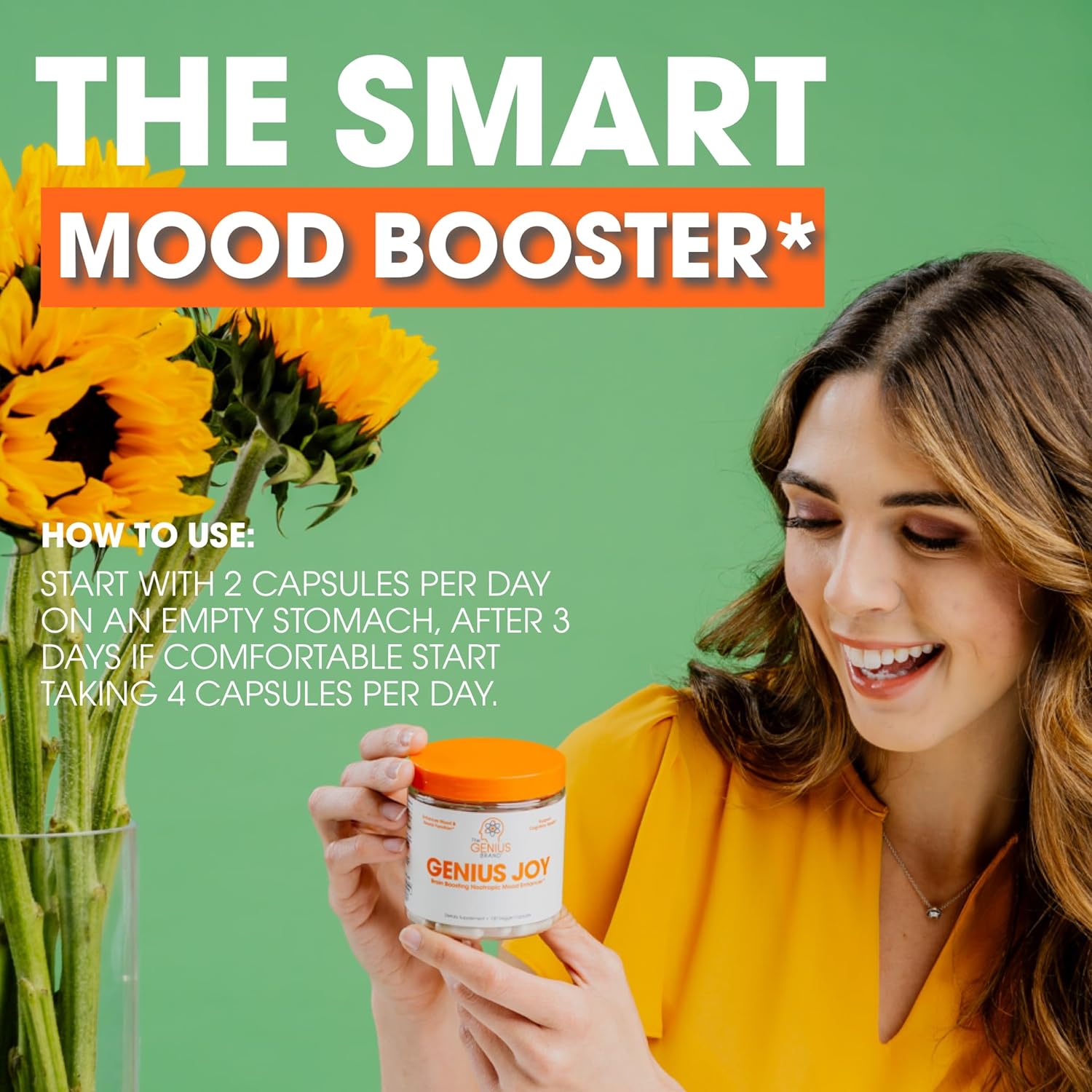 Genius Joy, Nootropic Mood Enhancer Supplement - Support Cognitive Health, Enhance Mood & Neural Function with Brain Boosting L-Theanine, Panax Ginseng & SAM-e - Organic, Non-GMO, & Gluten-Free : Health & Household