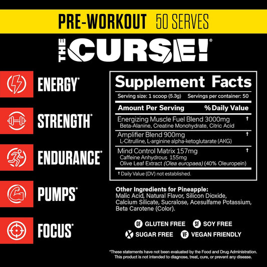 Jnx Sports The Curse! Pre Workout Powder For Men & Women, Caffeine, Beta-Alanine, Creatine, L-Citrulline, 50 Servings, Pineapple Flavor – Boost Energy, Strength & Focus