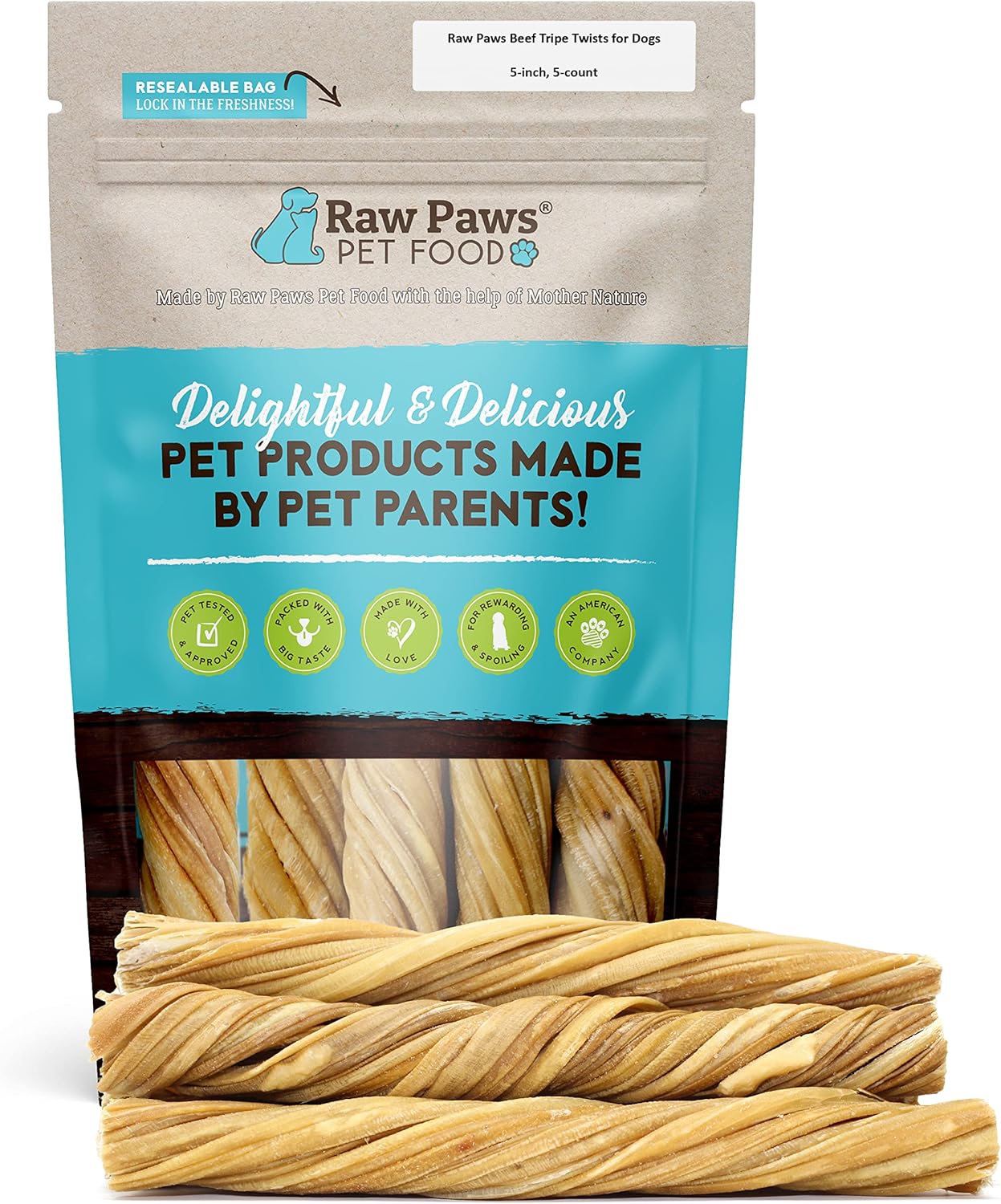 Raw Paws Beef Tripe Twists For Dogs - 5 Inch, 5-Pack - Packed In Usa - Free-Range Green Tripe Sticks For Dogs - Odor-Free, Crunchy Tripe Dog Treats - All-Natural Green Beef Tripe Sticks Chews