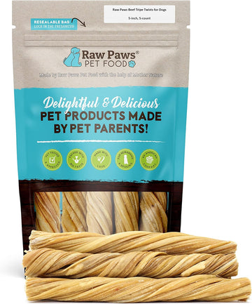 Raw Paws Beef Tripe Twists For Dogs - 5 Inch, 5-Pack - Packed In Usa - Free-Range Green Tripe Sticks For Dogs - Odor-Free, Crunchy Tripe Dog Treats - All-Natural Green Beef Tripe Sticks Chews
