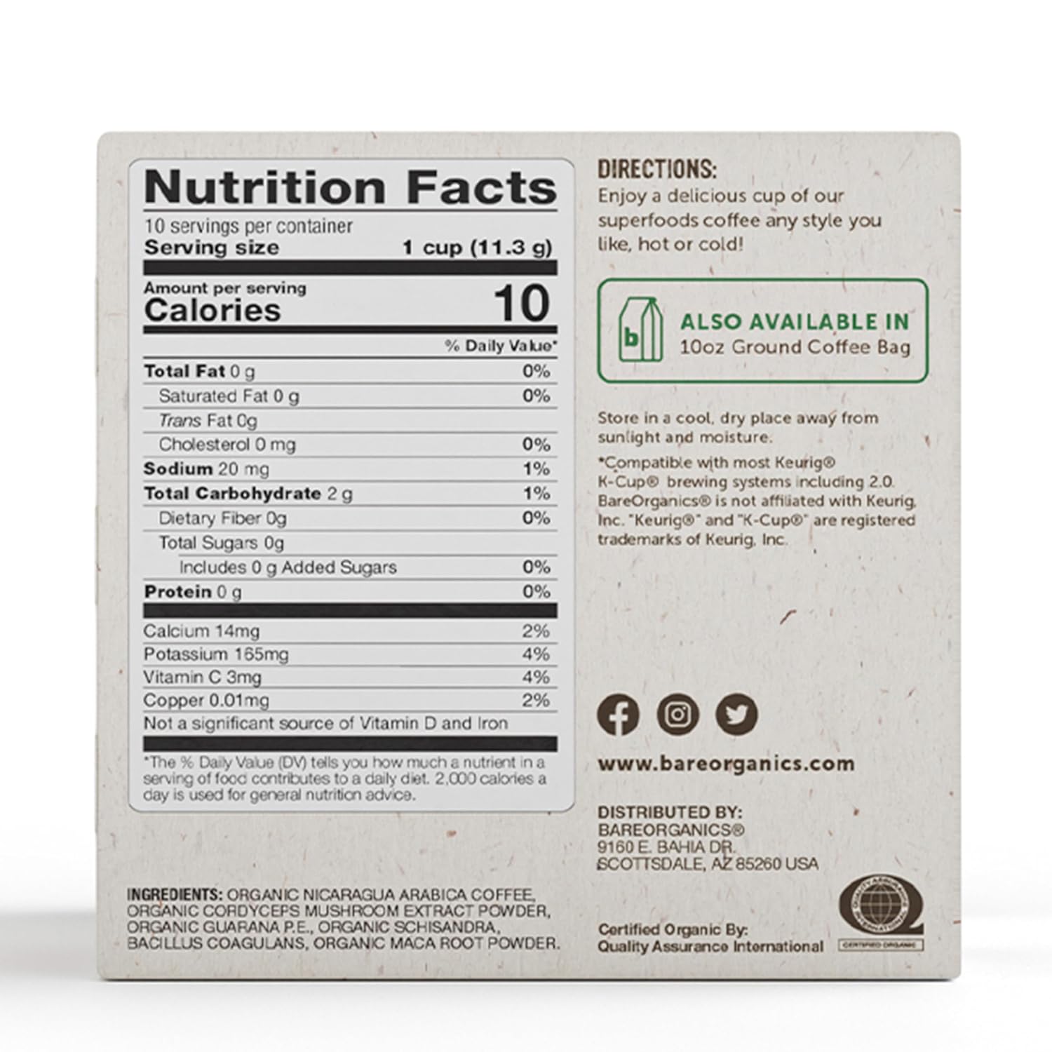 Bareorganics 13313 Cardio Care Usda Organic Coffee Pods, Compatible Organic Coffee Pods, Infused With Superfoods & Probiotics, Vegan Friendly, Gluten Free, 10 Single Serve Cups : Grocery & Gourmet Food