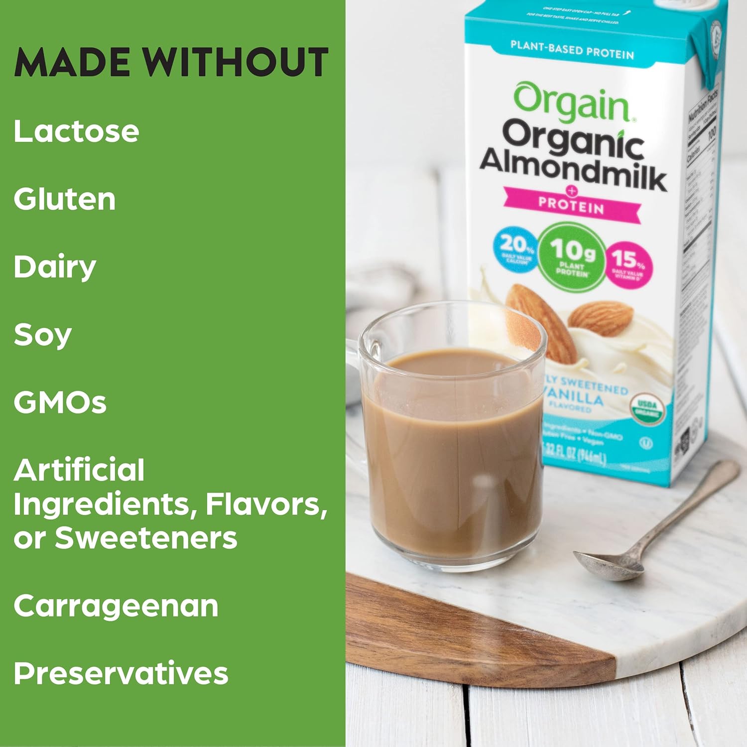 Orgain Organic Vegan Protein Almond Milk, Lightly Sweetened Vanilla - 10G Plant Protein, Vitamin D & Calcium, No Lactose, Dairy & Soy Ingredients, Gluten Free, No Sugar Added, 32 Fl Oz (Pack Of 6)