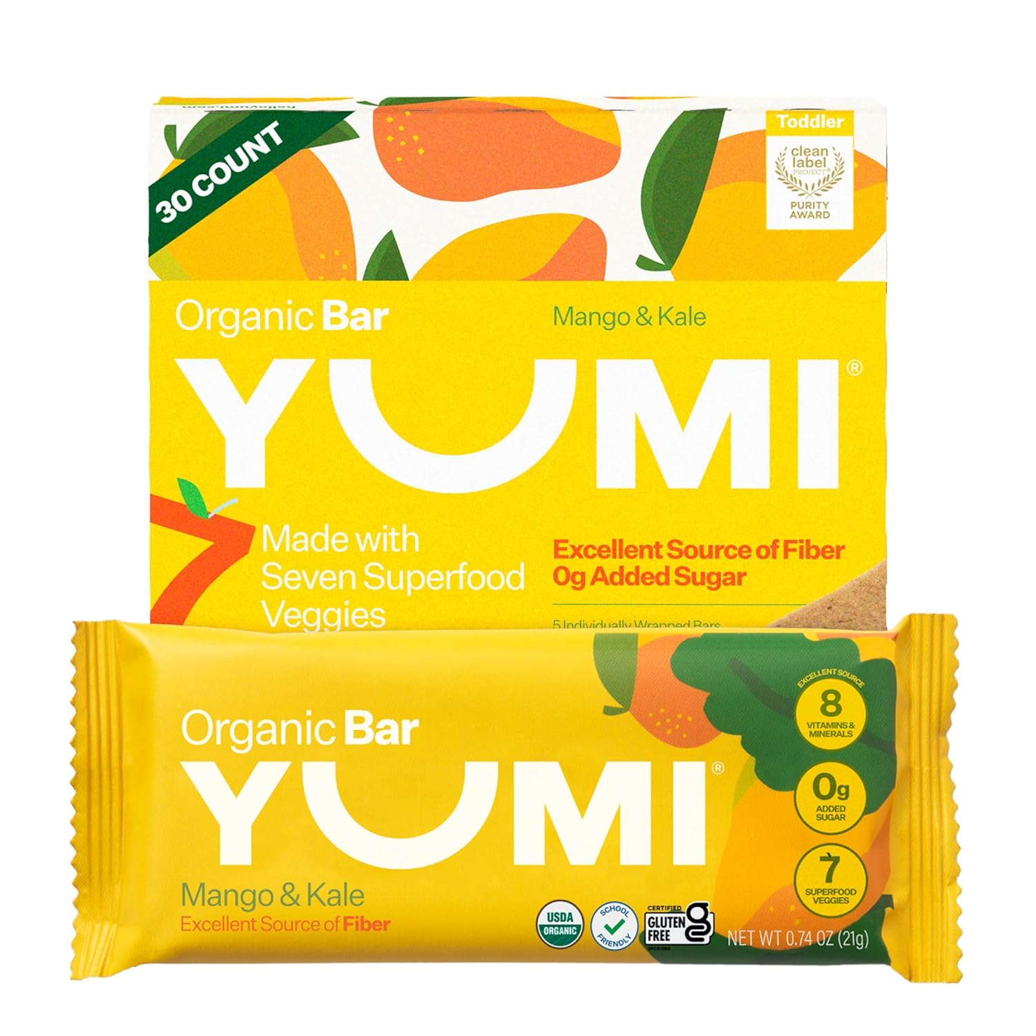 Yumi Organic Toddler Snack Bars (30 Count), Gluten-Free, No Added Sugar, 7+ Vegetables, Soft-Baked Crust, Healthy Snack Bars For Kids, School Safe For Kids Lunch Boxes (30, Mango & Kale)