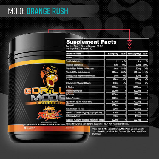 Gorilla Mind Pre Workout - Massive Pumps Laser Focus Energy Power - L-Citrulline, Creatine, L-Tyrosine, Betaine, Hydroprime, Alpha-Gpc, 400Mg Caffeine, Huperzine A - 796G (Orange Rush)