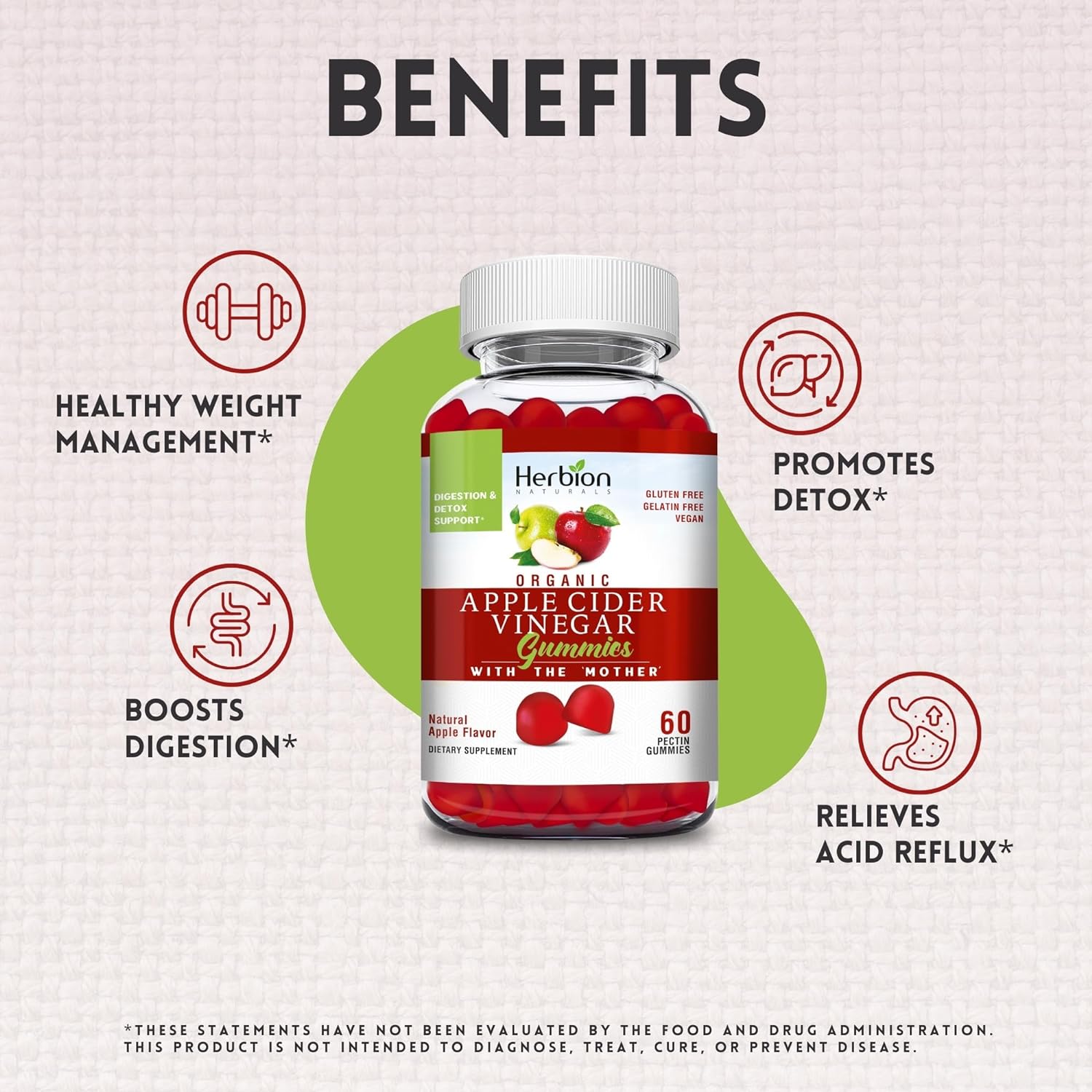 Herbion Naturals Organic Apple Cider Vinegar Gummies with The Mother, Supports Healthy Weight Management, Digestion, and Detox, Natural Apple Flavor, Vegan, Made in The USA, 60 Count. : Health & Household