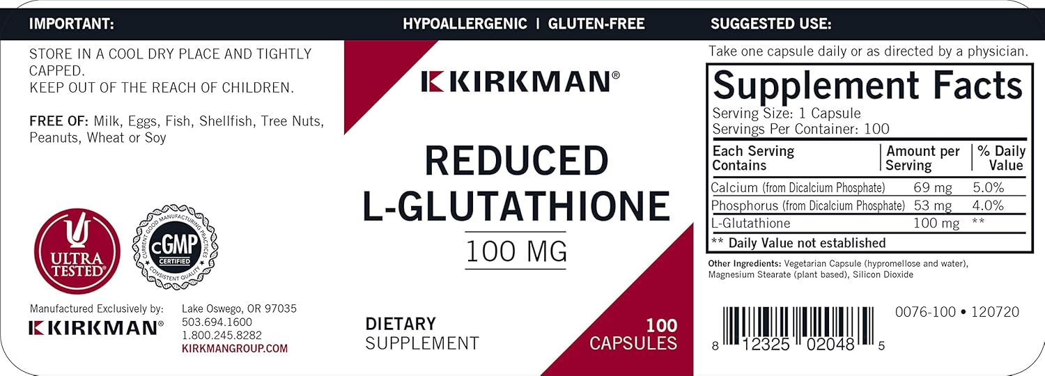 Kirkman Reduced L-Glutathione 100 mg - Hypoallergenic | 100 Vegetarian Capsules | Antioxidant : Health & Household