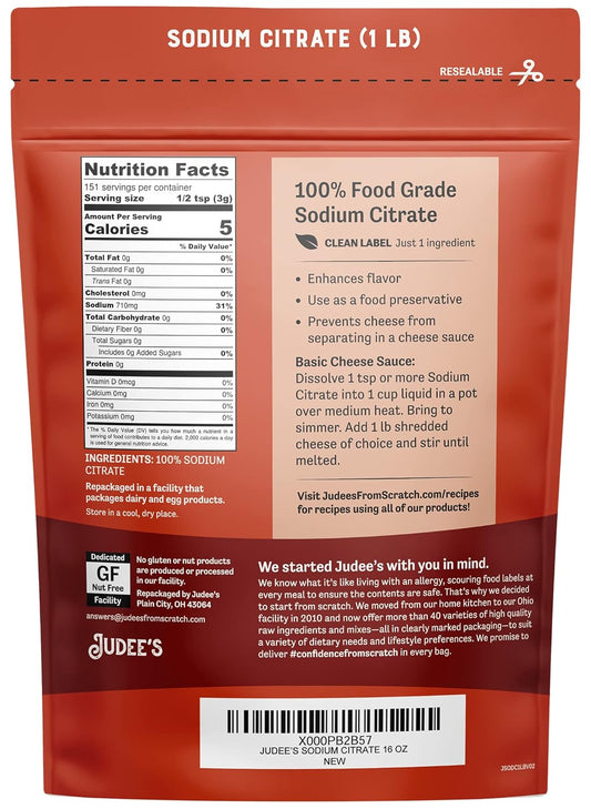 Judee’s Sodium Citrate - 1lb (16oz) Resealable Pouch | 100% Non-GMO, Keto-Friendly, Gluten-Free & Nut-Free | Food Grade | Great for Molecular Gastronomy Cooking