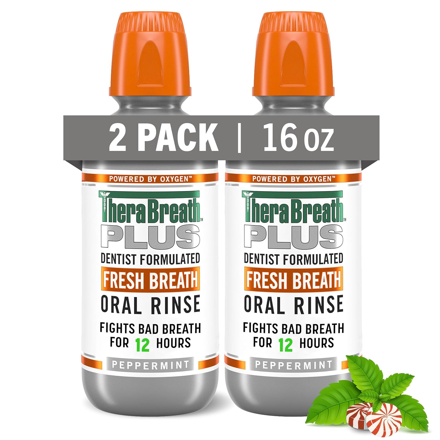 TheraBreath Fresh Breath PLUS Mouthwash, Peppermint Flavor, Alcohol-Free, 16 Fl Oz (Pack of 2)