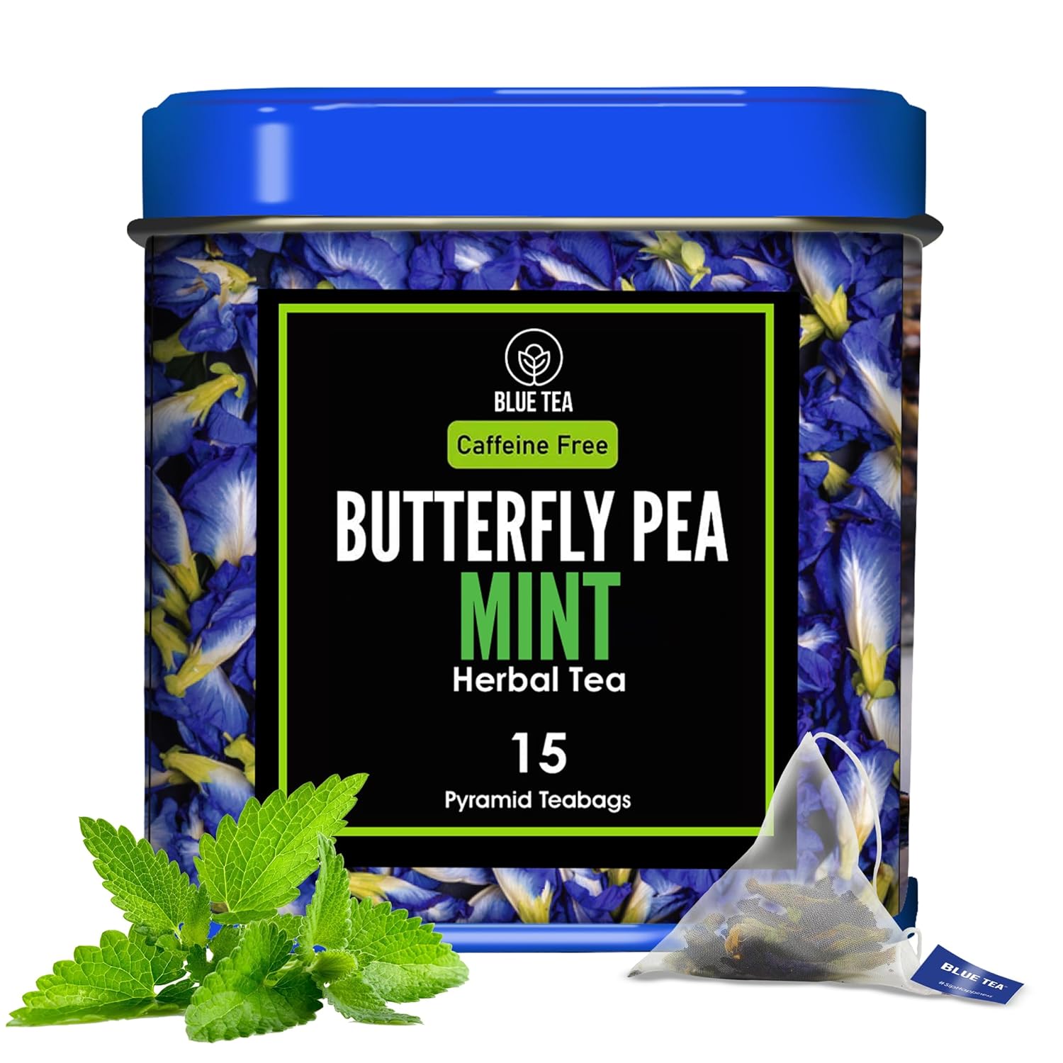 Blue Tea - Butterfly Pea Flower Tea - Mint -15 Count - Plant Based Tea Bag | Refreshing Blend | Anti-Oxidant - Flower Based - Herbal Tea - Caffeine-Free - Non-Gmo - Vegan | Eco-Conscious Tin Pack