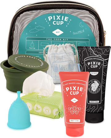 Pixie Cup Teen Menstrual Cup Kit - Best First Period Cup Starter Kit - Wash, 20 Wipes, Lube, Public Restroom Carry Cup & Storage Bag - Proven To Be What You Need To Become A Successful Cup User