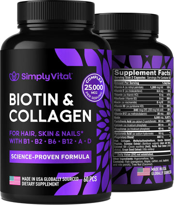 Biotin Vitamins For Hair, Skin & Nails - Biotin 5000Mcg, Keratin & Collagen - Hair Supplement For Women & Men With Marine Collagen Peptides & B Complex - Hair Vitamins Made In Usa - 60 Caps