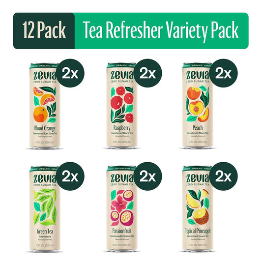 Zevia Zero Sugar Tea, Tea Refresher Variety Pack, 12 Oz Cans (12-Pack) – Naturally Sweetened, Zero Calorie Sugar Free - Non-Gmo Project Verified, Gluten-Free, Vegan