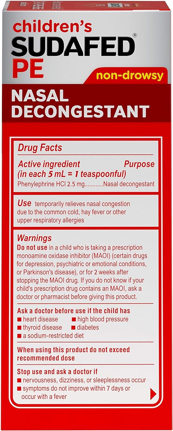 Sudafed Children's PE Nasal Decongestant, Liquid Cold Relief Medicine with Phenylephrine HCl, Alcohol Free and Sugar-Free, Berry-Flavored, 4 fl. oz : Health & Household