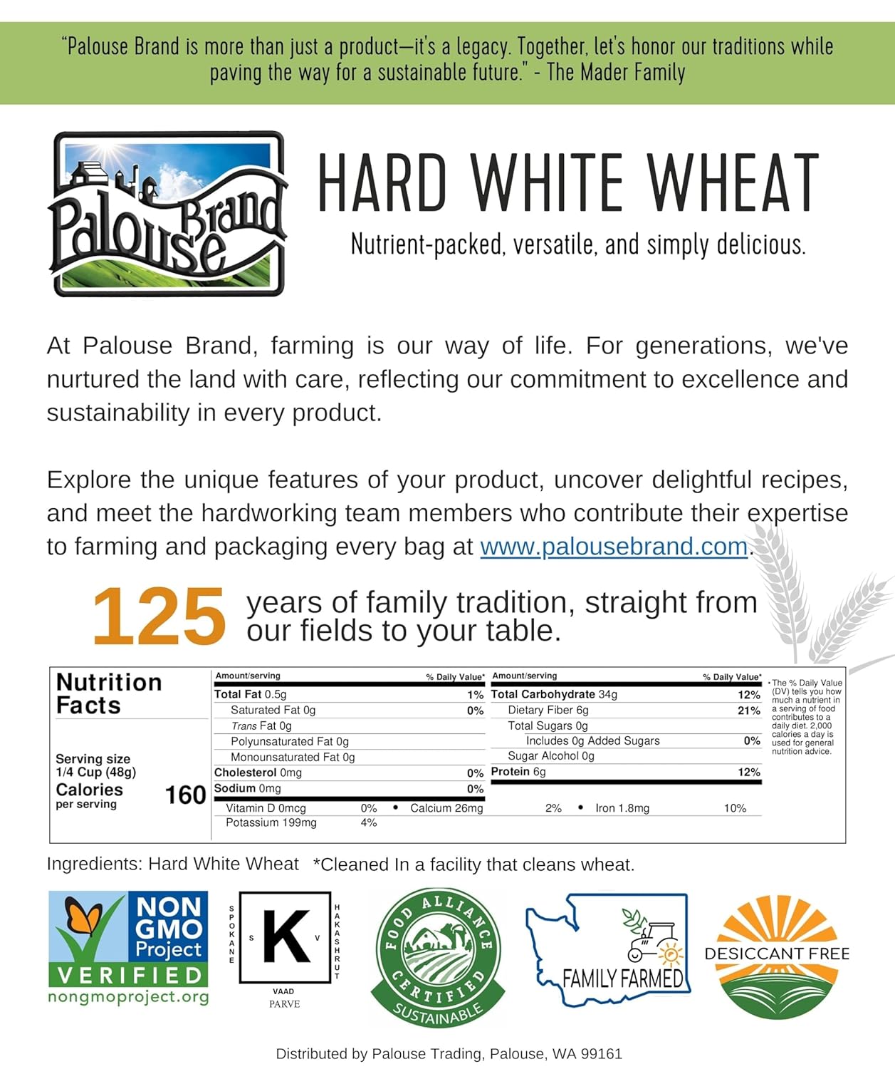 Hard White Wheat Berries | 25 LBS | Family Farmed in Washington State | 100% Desiccant Free | Sproutable | Non-GMO Project Verified | Kosher | Poly Bag : Dried Wheat Berries : Grocery & Gourmet Food