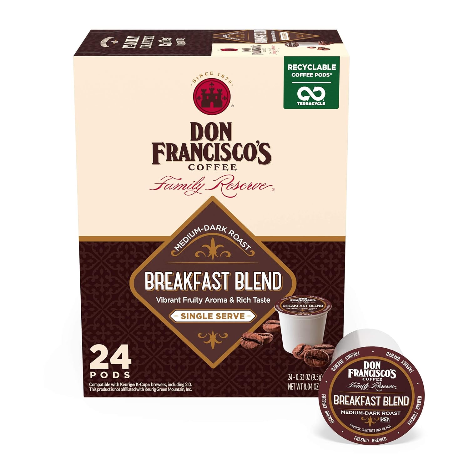 Don Francisco's Breakfast Blend Medium-Dark Roast Coffee Pods - 24 Count - Recyclable Single-Serve Coffee Pods, Compatible with your K- Cup Keurig Coffee Maker