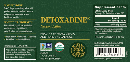 Global Healing Detoxadine - Organic Nascent Iodine Liquid Supplement Drops for Thyroid Support, Detox Cleanse, Metabolism Health and Better Sleep - Non-GMO, Vegan, 200 Servings (6-Month Supply) - 30mL