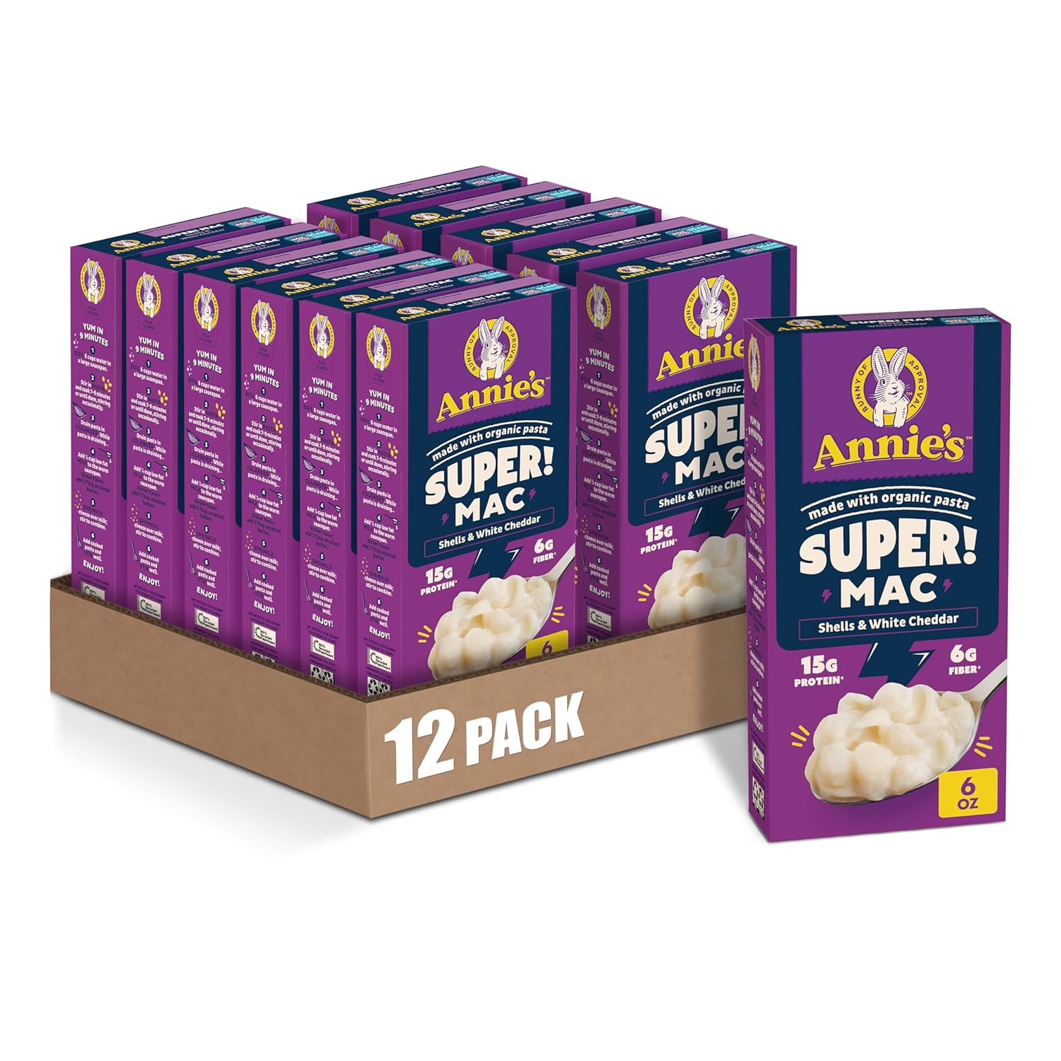 Annie'S Super! Mac, Protein Macaroni And Cheese Dinner, Shells & White Cheddar, 6 Oz. (Pack Of 12)