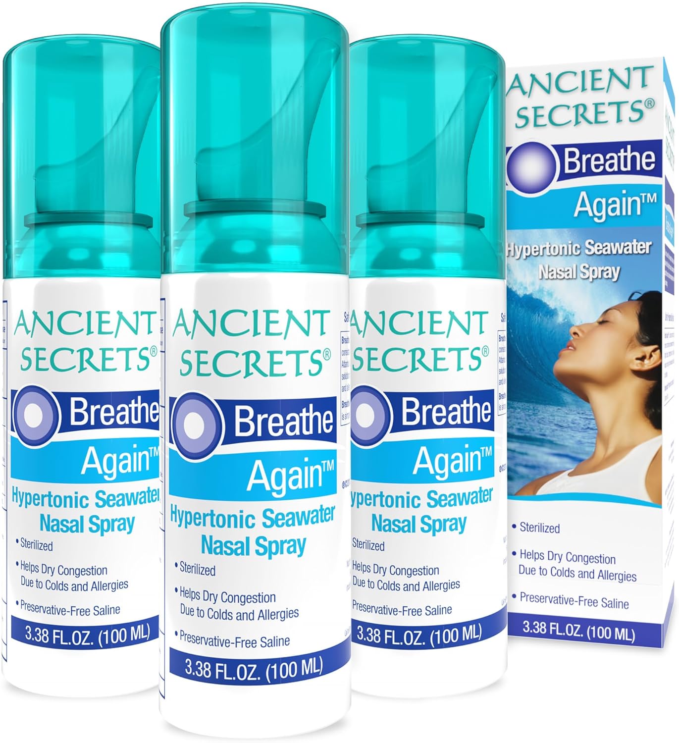 Ancient Secrets Saline Nasal Spray - Breath Again Hypertonic Seawater Nasal Spray, Allergy & Sinus Relief, Nasal Congestion Moisturizer, 3.38 Fl Oz