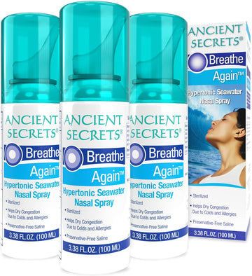 Ancient Secrets Saline Nasal Spray - Breath Again Hypertonic Seawater Nasal Spray, Allergy & Sinus Relief, Nasal Congestion Moisturizer, 3.38 Fl Oz