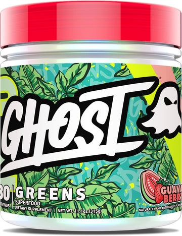 Ghost Greens Superfood Powder, Guava Berry - 30 Servings - 19 Super Greens & Reds, Fruits, Vegetables, Spirulina, & Chlorella, Prebiotics, 10 Billion Cfu Probiotic & Digestive Enzymes - Gluten-Free