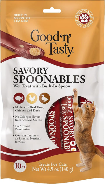 Good 'N' Tasty Savory Spoonables With Real Tuna, Chicken & Duck, 10 Count Tube, Triple Flavor Squeezable Lickable Wet Treats For Cats With Built-In Spoon For Less Mess