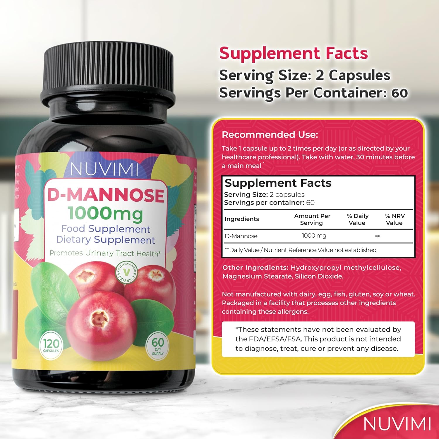 D Mannose 120 Capsules, 1000 mg per Dose, Promotes Urinary Tract Health, Natural Vegan UTI Defence by NUVIMI® : Amazon.co.uk: Health & Personal Care