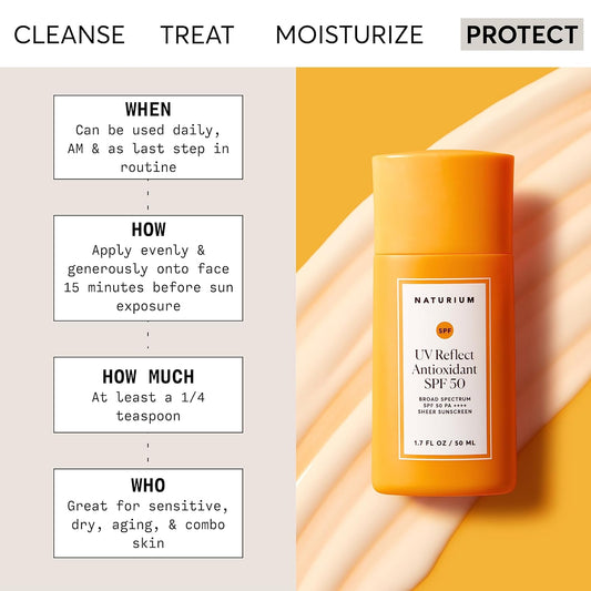 Naturium Uv Reflect Antioxidant, Broad Spectrum Spf 50 Pa ++++ Sheer Sunscreen, Lightweight Face & Skin Protector With Soft Matte Finish, 1.7 Oz