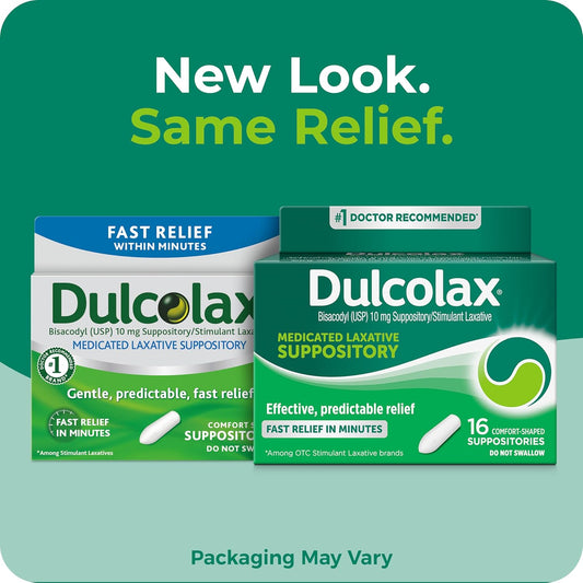 Dulcolax Stimulant Laxative Medicated Suppositories, Predictable & Effective Constipation Relief, Bisacodyl 10 Mg, 16 Count