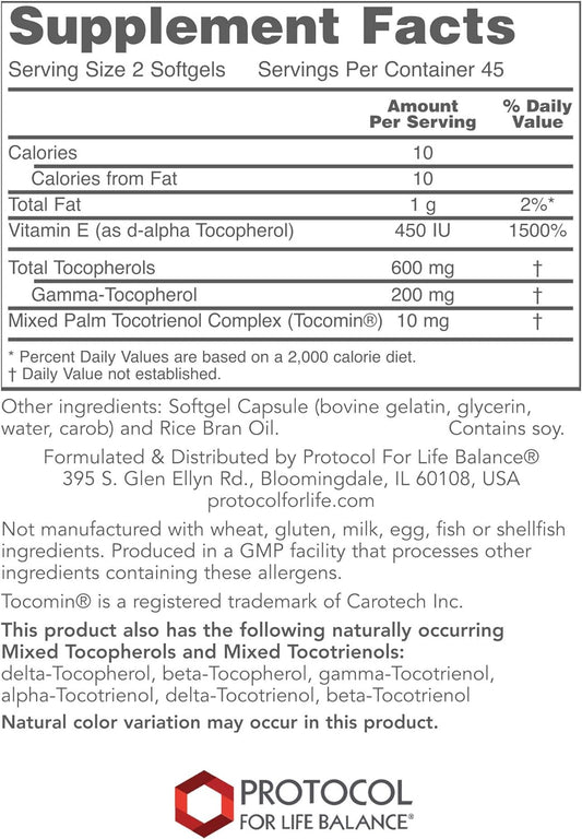 Protocol Gamma E Toco Complex - Vitamin E 300mg - Antioxidant Support* - for Cardiovascular Health & Brain Health* - with Tocotrienols - Halal & Dairy Free - 90 Softgels