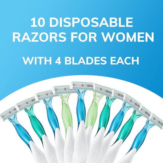 BIC Soleil Comfort Disposable Razors for Women, Sensitive Skin Razor with Aloe Vera and Vitamin E Lubricating Strip and 4 Blades, 10 Piece Razor Set