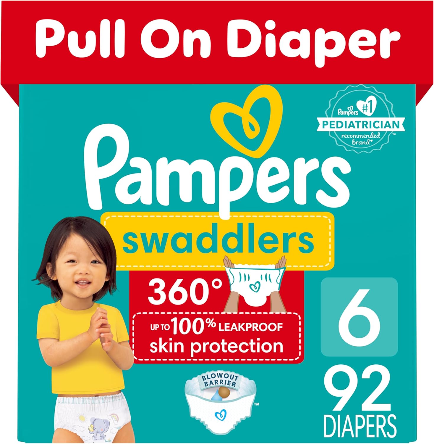 Pampers Swaddlers 360 Pull-On Diapers, Size 6, 92 Count, One Month Supply, For Up To 100% Leakproof Skin Protection And Easy Changes