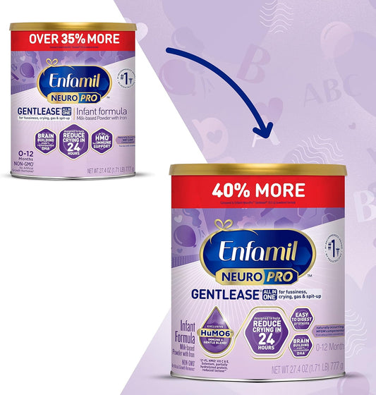 Enfamil NeuroPro Gentlease Baby Formula, Brain Building DHA, HuMO6 Immune Blend, Designed to Reduce Fussiness, Crying, Gas & Spit-up in 24 Hrs, Has Prebiotics to Promote Softer Stools, 27.4 Oz Can