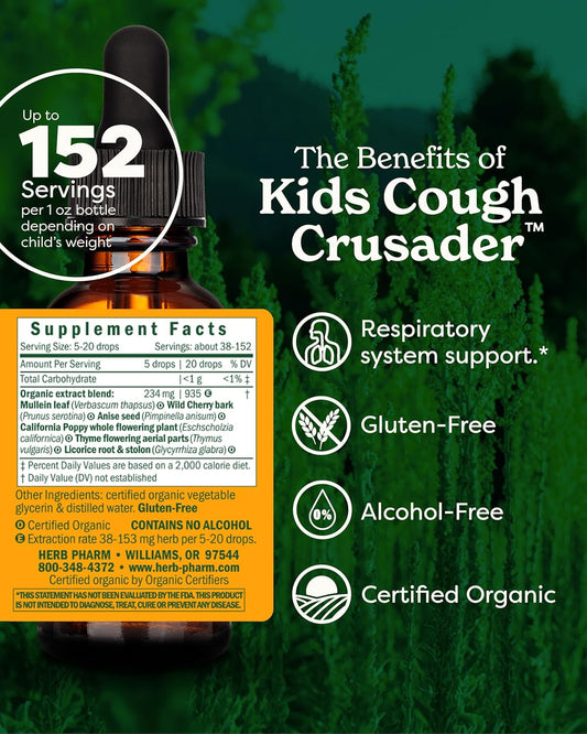Herb Pharm Kids Certified-Organic Alcohol-Free Cough Crusader Liquid Herbal Formula, Wild Cherry, 1 Fl Oz