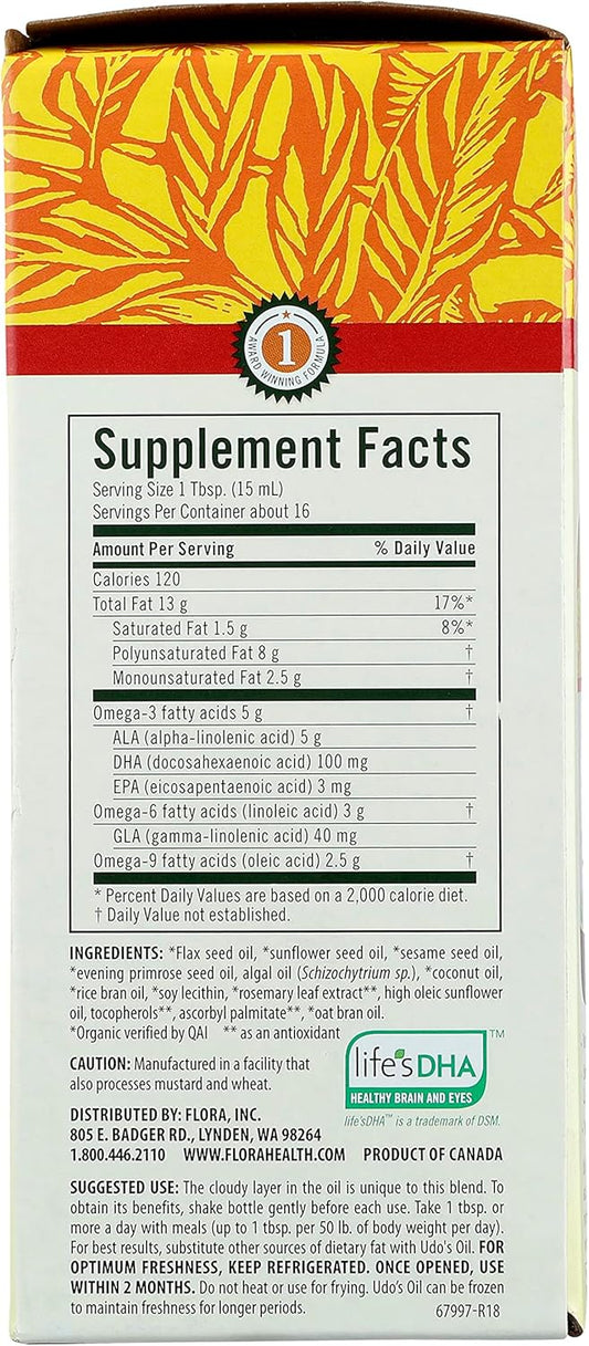 Flora - Udo'S Oil Dha 3-6-9 Blend - Vegetarian Eye & Brain Health Supplement - Omega-3 & Omega-6 - Contains Sunflower & Flax Seed Oil - Kosher & Organic - Keep Chilled - 17 Fl. Oz