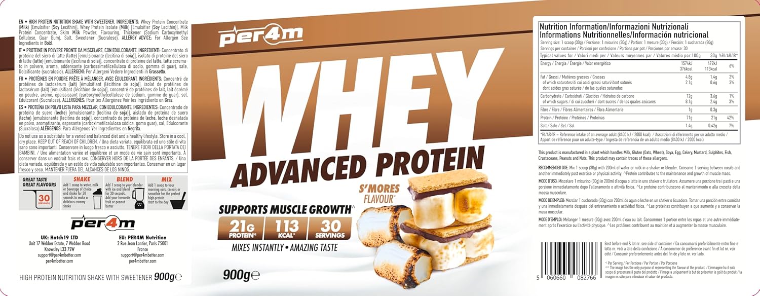 Per4m Protein Whey Powder | 30 Servings of High Protein Shake with Amino Acids | for Optimal Nutrition When Training | Low Sugar Gym Supplements (900g, S'Mores) : Amazon.co.uk: Health & Personal Care