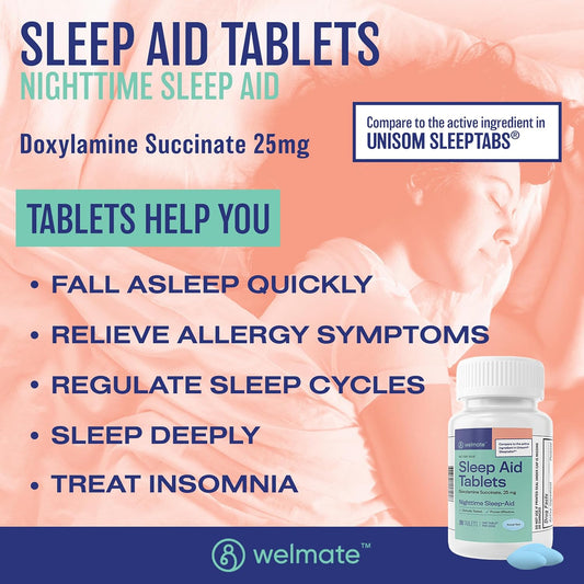 Welmate | Doxylamine Succinate 25Mg | Nighttime Sleep Aid | Safe & Effective | Non-Habit Forming | Sleep Aids For Adults & Children | For Women & Men | Made In Usa | 200 Tablets