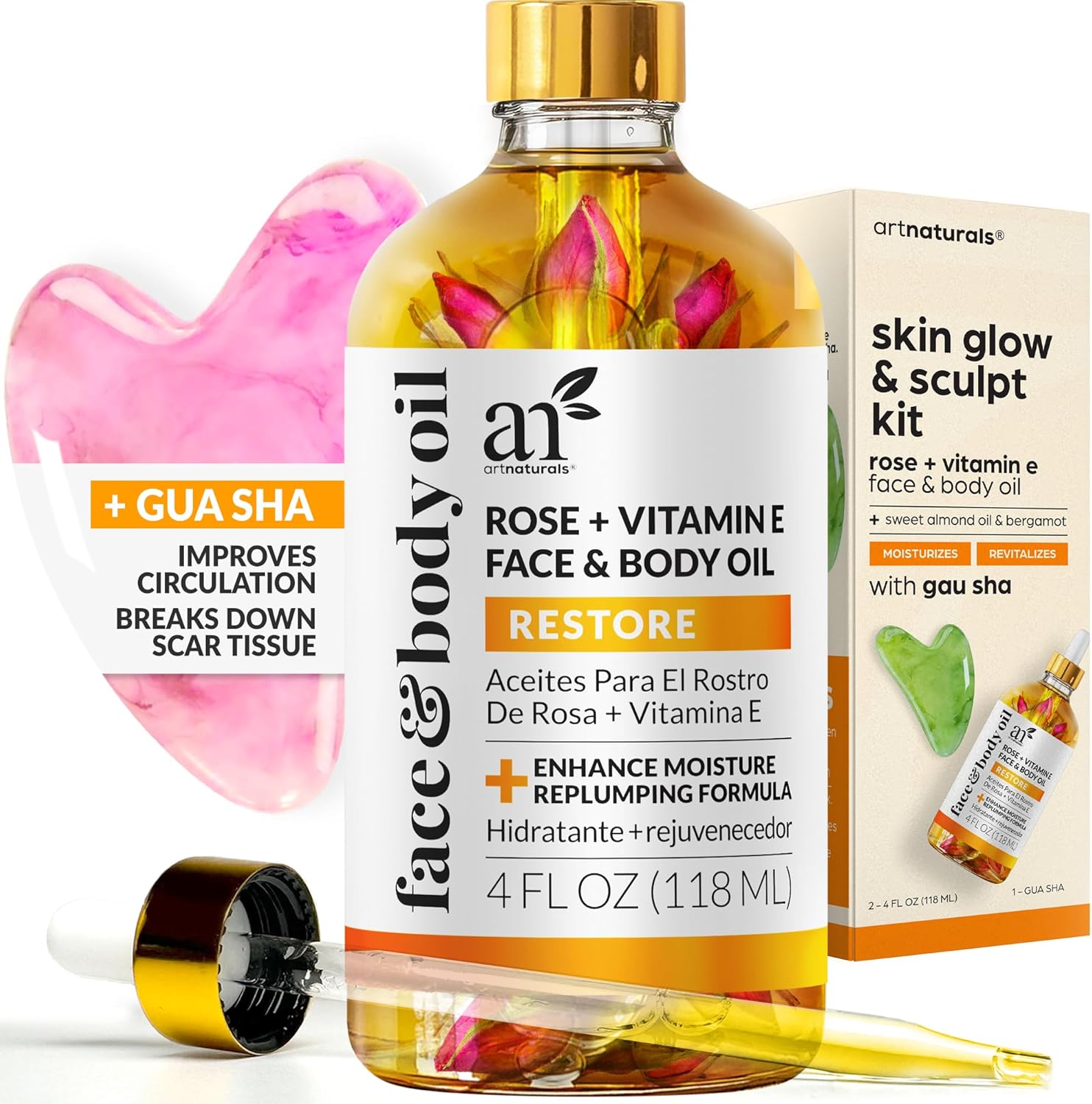 Artnaturals Face & Body Vitamin E Bio Oil 4.0Oz + Gua Sha Facial Tools Set - Organic Moisturizer Skincare For Scars, Stretch Mark, Cellulite & Nails - Great Massage Oil For Massaging Joint & Muscles