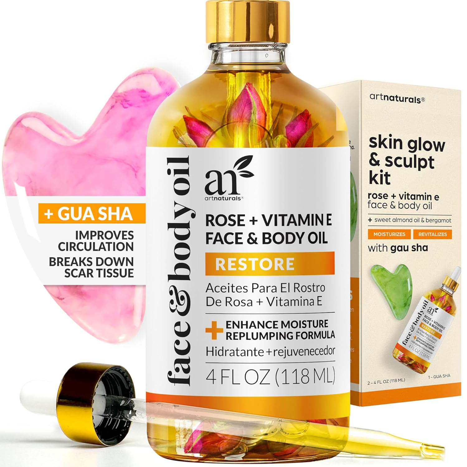 Artnaturals Face & Body Vitamin E Bio Oil 4.0Oz + Gua Sha Facial Tools Set - Organic Moisturizer Skincare For Scars, Stretch Mark, Cellulite & Nails - Great Massage Oil For Massaging Joint & Muscle