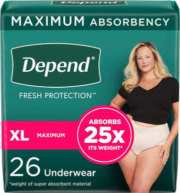 Depend Fresh Protection Adult Incontinence & Postpartum Bladder Leak Underwear For Women, Disposable, Maximum, Extra-Large, Blush, 26 Count, Packaging May Vary