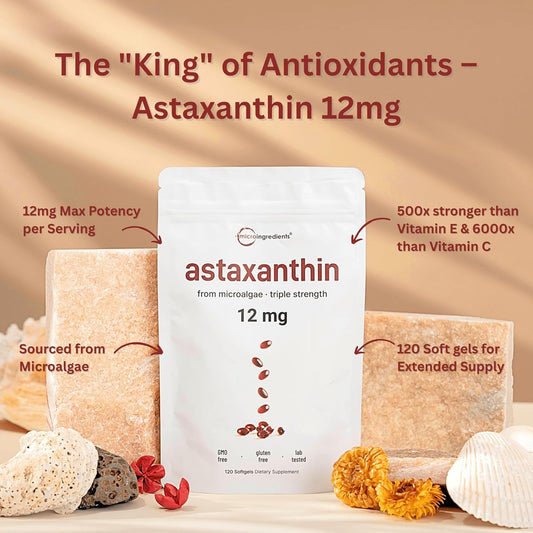 Astaxanthin 12Mg, 120 Softgels, 4 Month Supply | Premium Astaxanthin Antioxidant Supplements | Fresh Microalgae Source | Supports Eye, Joint, Internal Circulation, Skin Health & Natural Tanning