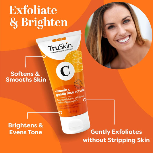 Truskin Vitamin C Gentle Face Scrub - Brightening Daily Face Exfoliator For All Skin Types - Softens & Smooths Skin With Vitamin C, Yuzu Lemon, And Exfoliating Bora Bora White Sand - 4 Fl. Oz