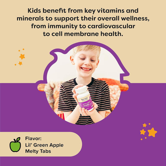 Renzo’s Picky Eater Kids Multivitamin with Iron - Dissolving Kids Vitamins with Vitamin D3 & K2 and More - 60 Sugar-Free Melty Tabs, Lil’ Green Apple Flavored