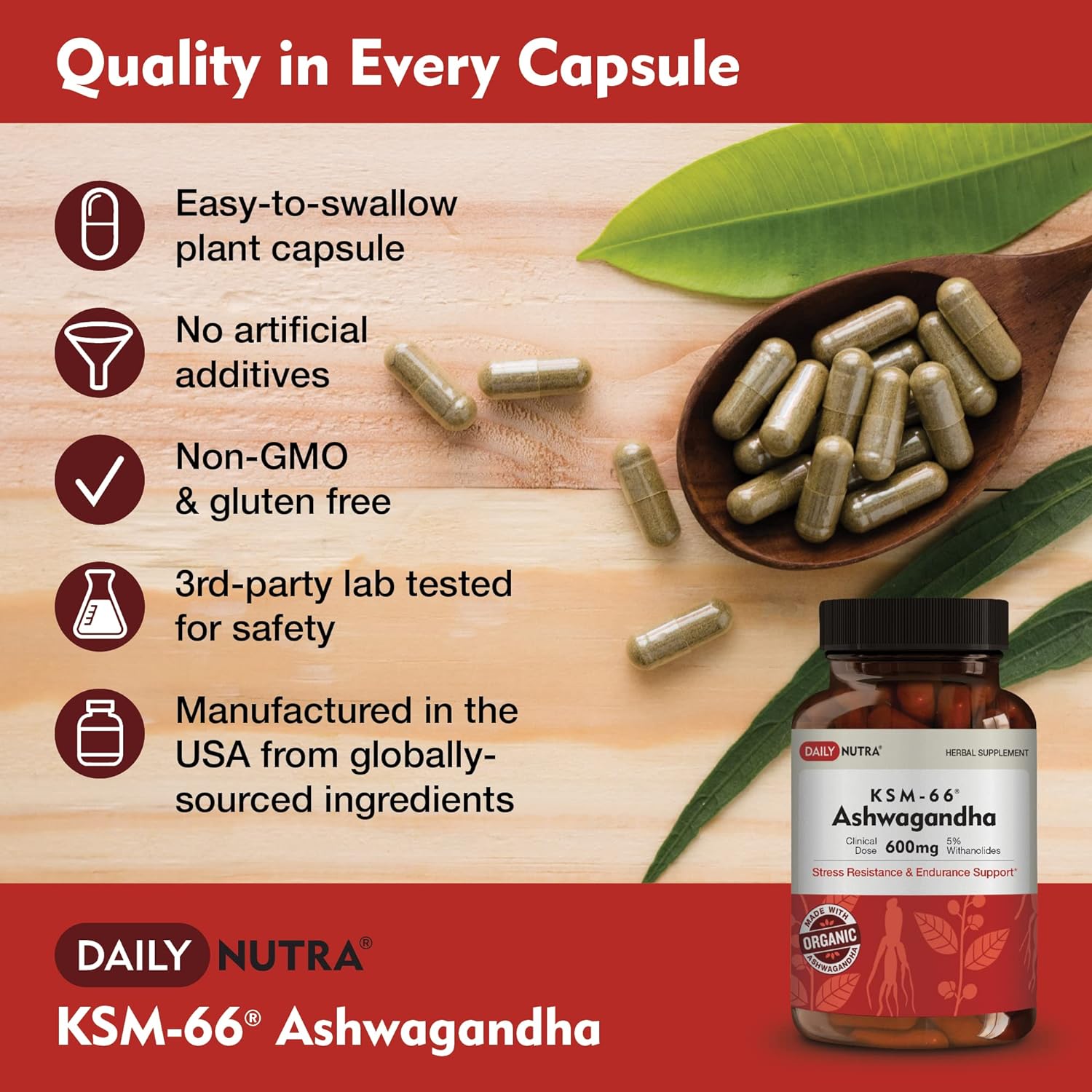 DailyNutra KSM-66 Ashwagandha 600mg Organic Root Extract - High Potency Supplement with 5% Withanolides | Relieves Tiredness, Supports Relaxation, Focus, Energy, & Muscle Growth (60 Capsules) : Health & Household