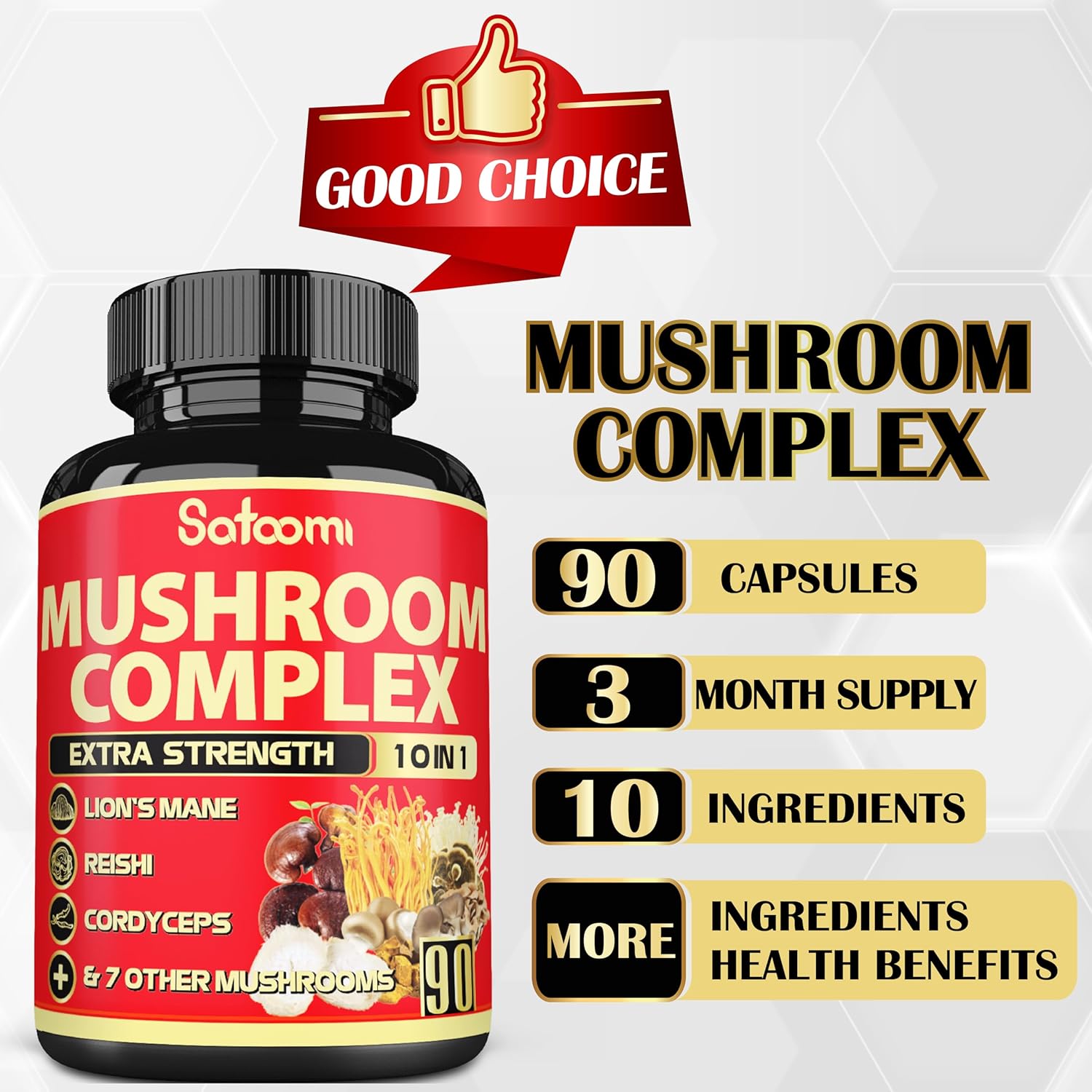 Satoomi 10In1 Cordyceps Mushroom Supplement - Blended With Lions Mane, Turkey Tail Mushroom, Reishi Mushroom & Others - 90 Capsules For 90 Serving Supply : Health & Household