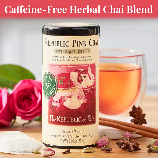 The Republic Of Tea — Republic Pink Chai Herbal Tea Tin, 36 Tea Bags, Naturally Caffeine Free