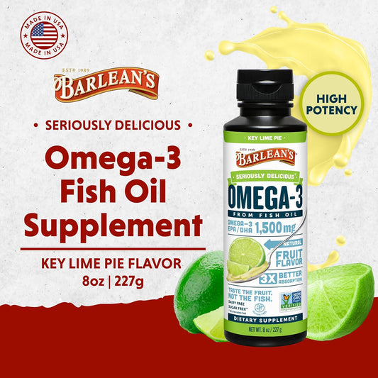 Barlean'S Key Lime Pie High Potency Omega 3 Fish Oil Liquid Supplement, 1500Mg Of Epa& Dha Fatty Acid, Smoothie Flavored & Burpless For Brain, Joint, & Heart Health, 8 Oz