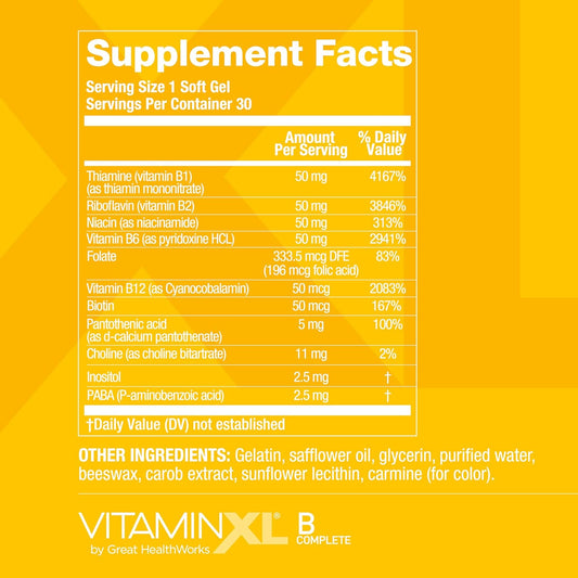 VitaminXL B Complete is a Full Spectrum B Complex Made with B1, B5, B6, B12, Biotin, Niacin, Riboflavin, and Folate, Also with Choline and inositol (30 Soft Gels, 30 Servings)