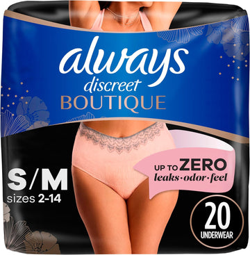 Always Discreet Boutique Adult Incontinence & Postpartum Underwear For Women, High-Rise, Size Small/Medium, Rosy, Maximum Absorbency, Disposable, 20 Count (Packaging May Vary)